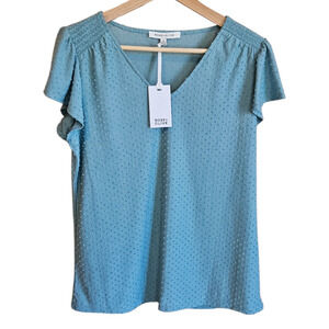 NEW! Rose + Olive Blue Green Swiss Dot Flutter Sleeve V-Neck Top Medium NWT